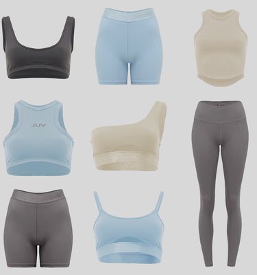 Variety of tops, sports bras, leggings, and shorts for active wear.