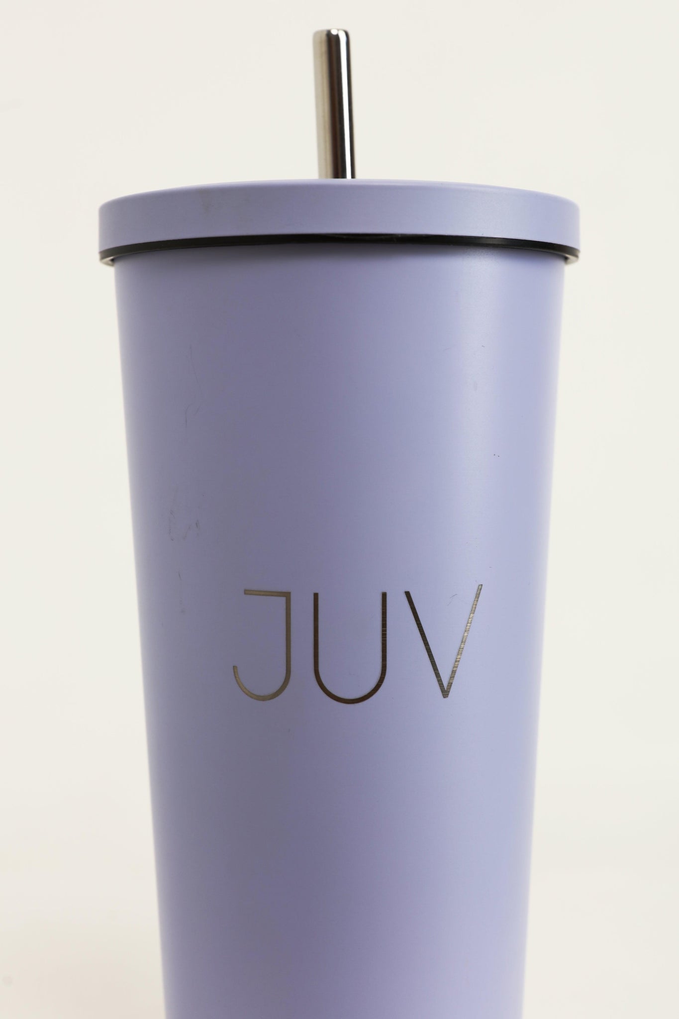 JUV lady thermal cup in purple, close up front view.